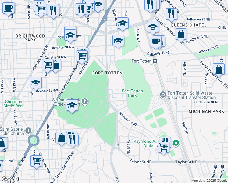map of restaurants, bars, coffee shops, grocery stores, and more near 18 Crittenden Street Northeast in Washington