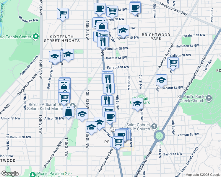 map of restaurants, bars, coffee shops, grocery stores, and more near 925 Decatur Street Northwest in Washington