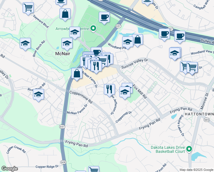 map of restaurants, bars, coffee shops, grocery stores, and more near 13363 Misty Dawn Drive in Herndon