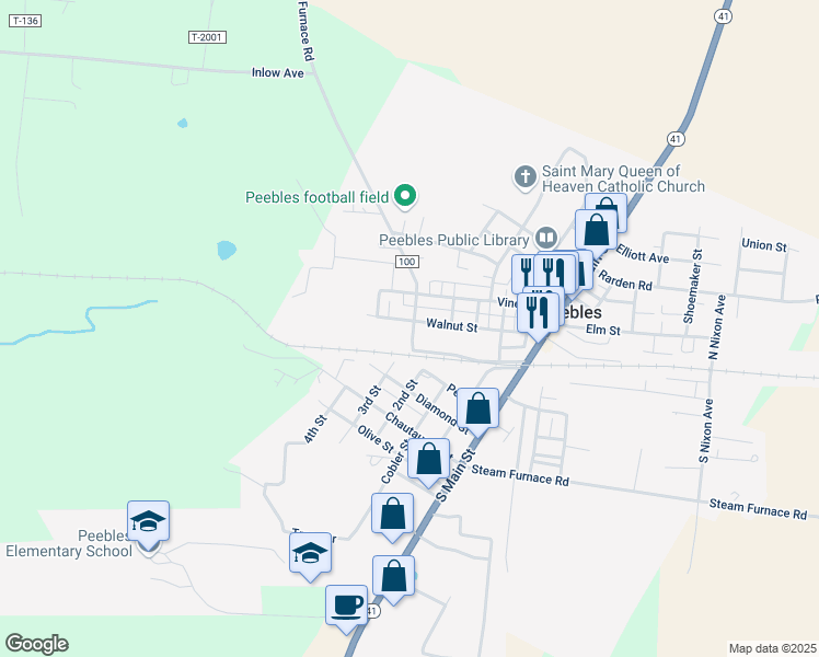 map of restaurants, bars, coffee shops, grocery stores, and more near 152 Walnut Street in Peebles