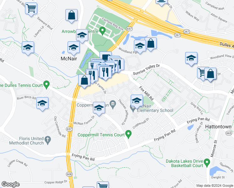 map of restaurants, bars, coffee shops, grocery stores, and more near 13363 Misty Dawn Drive in Herndon