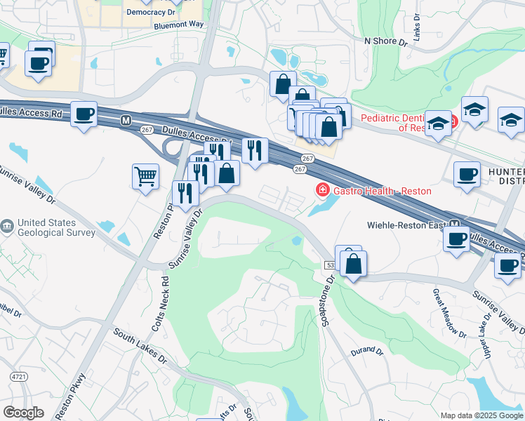 map of restaurants, bars, coffee shops, grocery stores, and more near Sunrise Valley Drive in Reston