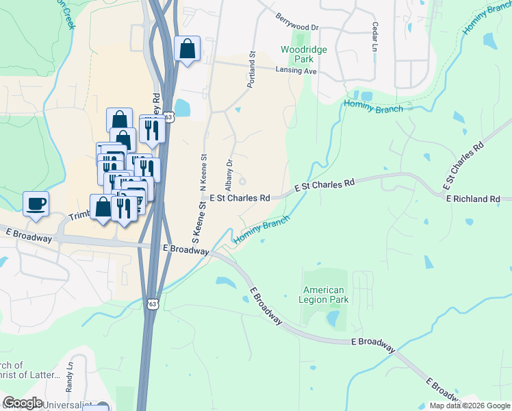 map of restaurants, bars, coffee shops, grocery stores, and more near 3301-3379 St Charles Rd in Columbia