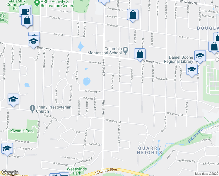 map of restaurants, bars, coffee shops, grocery stores, and more near 913 West Stewart Road in Columbia