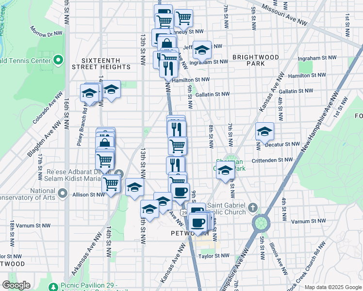 map of restaurants, bars, coffee shops, grocery stores, and more near 925 Decatur Street Northwest in Washington