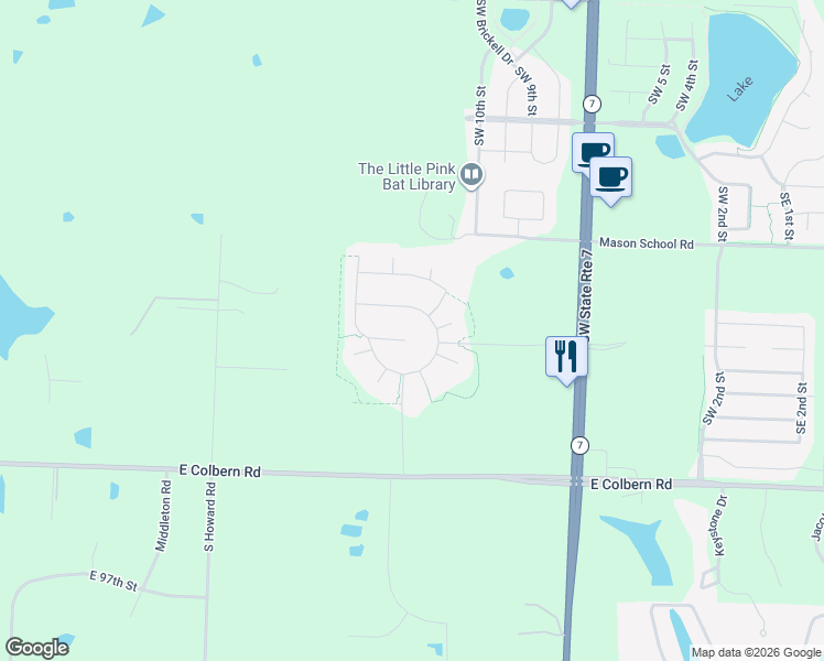 map of restaurants, bars, coffee shops, grocery stores, and more near 1116 Southwest Conch Way in Blue Springs