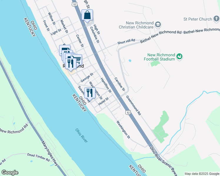 map of restaurants, bars, coffee shops, grocery stores, and more near 350 Hamilton Street in New Richmond