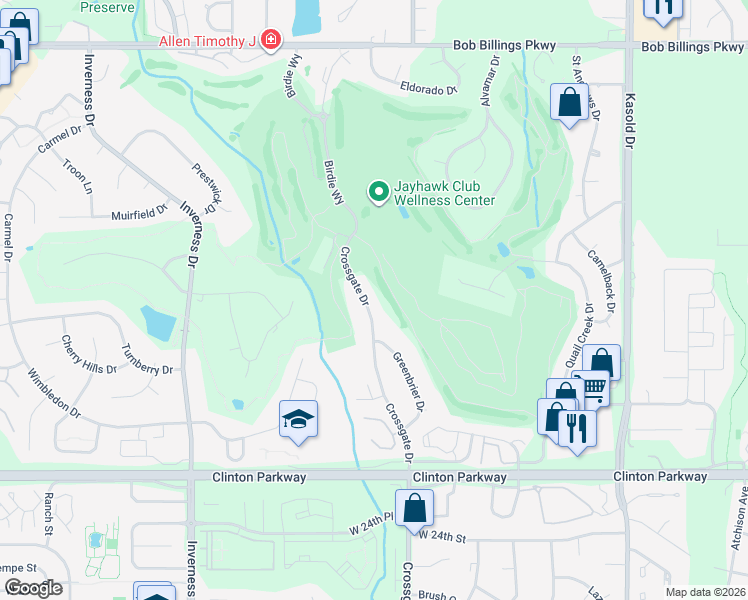 map of restaurants, bars, coffee shops, grocery stores, and more near 1902 Crossgate Drive in Lawrence