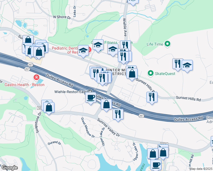 map of restaurants, bars, coffee shops, grocery stores, and more near 1900 Reston Metro Plaza in Reston