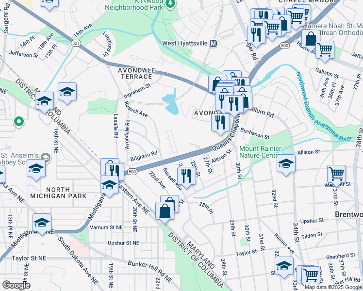 map of restaurants, bars, coffee shops, grocery stores, and more near 2400 Queens Chapel Road in Hyattsville