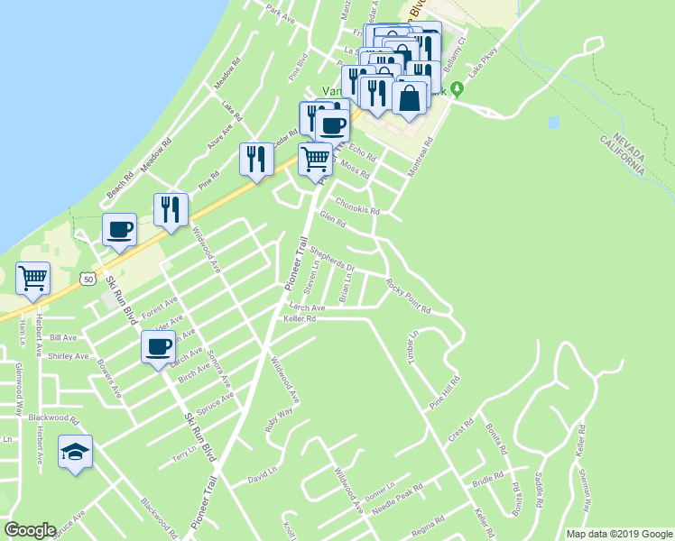 map of restaurants, bars, coffee shops, grocery stores, and more near 1044 Cellador Drive in South Lake Tahoe