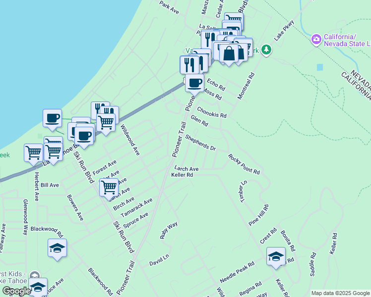 map of restaurants, bars, coffee shops, grocery stores, and more near 3841 Steven Lane in South Lake Tahoe