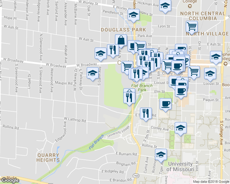 map of restaurants, bars, coffee shops, grocery stores, and more near 30 East Broadway in Columbia