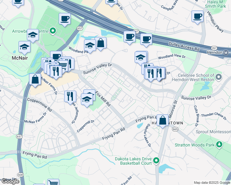 map of restaurants, bars, coffee shops, grocery stores, and more near 2380 Stone Fence Lane in Herndon