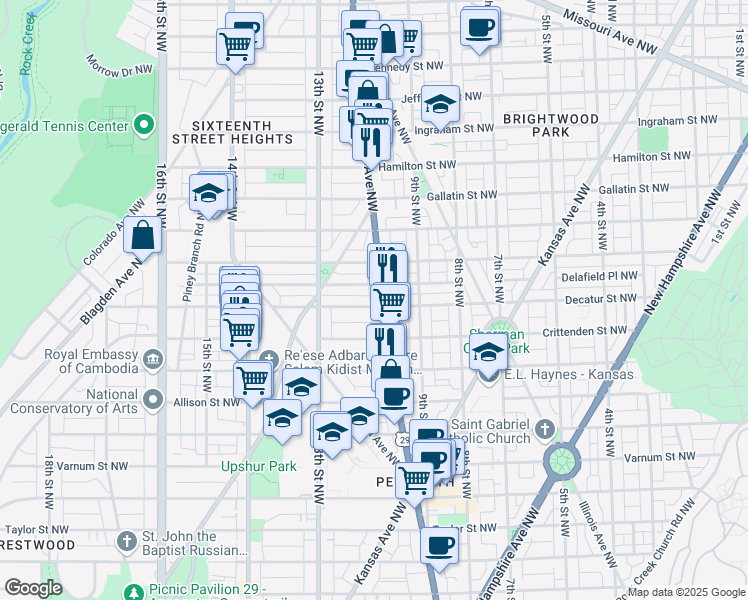 map of restaurants, bars, coffee shops, grocery stores, and more near 4800 Georgia Avenue Northwest in Washington