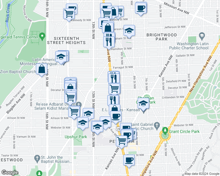 map of restaurants, bars, coffee shops, grocery stores, and more near 4800 Georgia Avenue Northwest in Washington