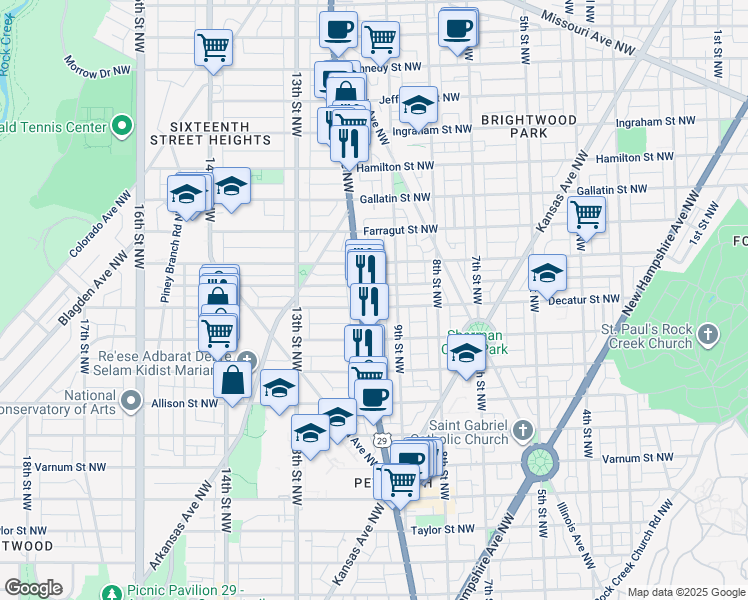 map of restaurants, bars, coffee shops, grocery stores, and more near 927 Decatur Street Northwest in Washington