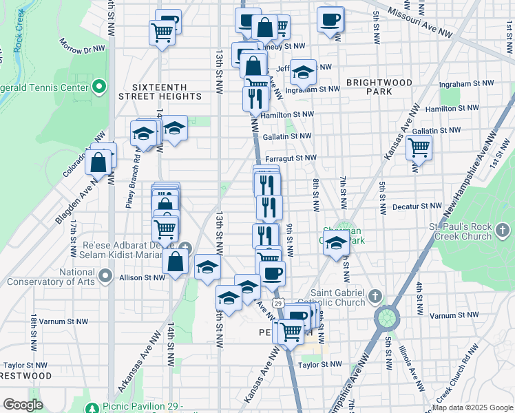 map of restaurants, bars, coffee shops, grocery stores, and more near 4800 Georgia Avenue Northwest in Washington