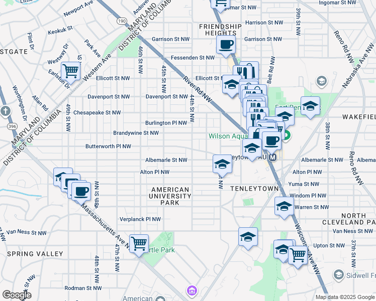map of restaurants, bars, coffee shops, grocery stores, and more near 4514 44th Street Northwest in Washington
