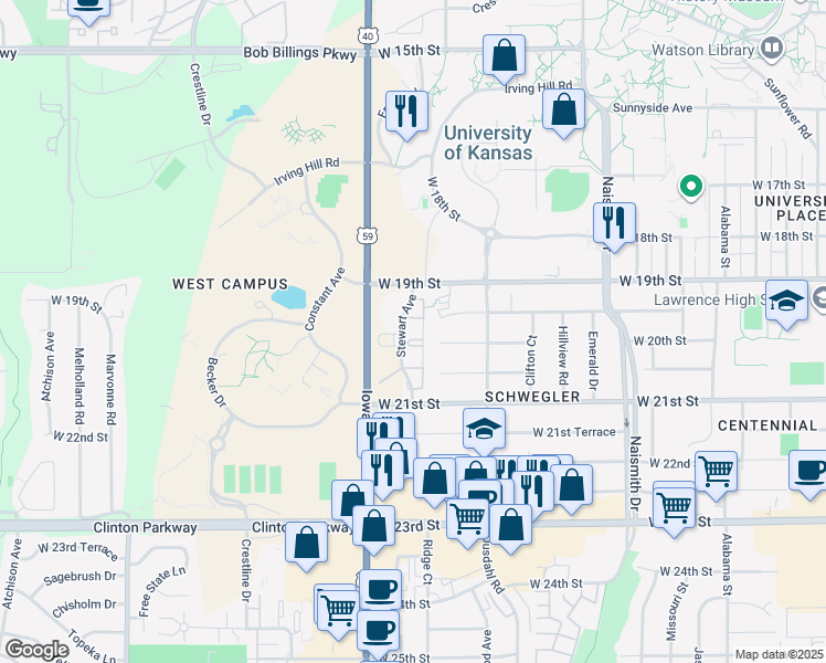 map of restaurants, bars, coffee shops, grocery stores, and more near 1942 Stewart Avenue in Lawrence