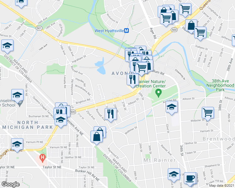 map of restaurants, bars, coffee shops, grocery stores, and more near 2508 Queens Chapel Road in Hyattsville