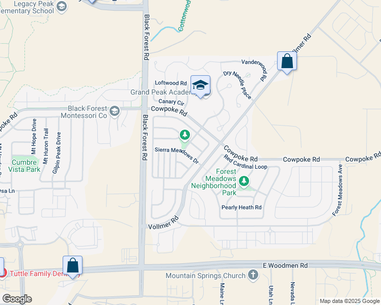 map of restaurants, bars, coffee shops, grocery stores, and more near 6964 Sierra Meadows Drive in Colorado Springs