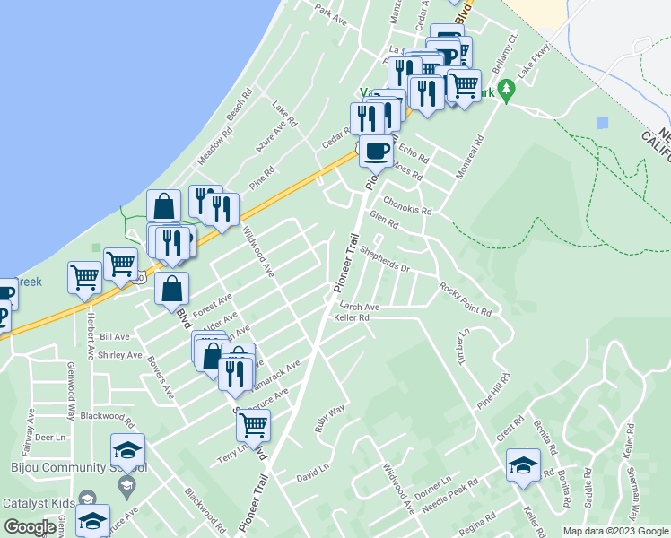 map of restaurants, bars, coffee shops, grocery stores, and more near 3793 Pioneer Trail in South Lake Tahoe