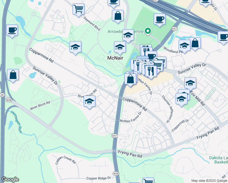 map of restaurants, bars, coffee shops, grocery stores, and more near 2450 Centreville Road in Herndon