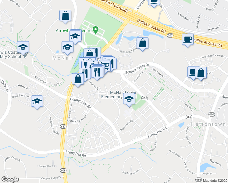 map of restaurants, bars, coffee shops, grocery stores, and more near 2451 Wheat Meadow Circle in Herndon