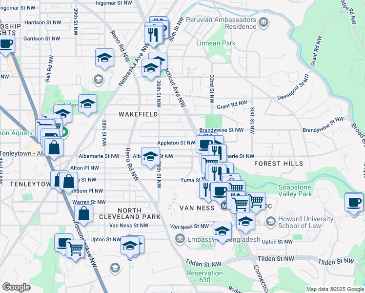 map of restaurants, bars, coffee shops, grocery stores, and more near 3548 Appleton Street Northwest in Washington