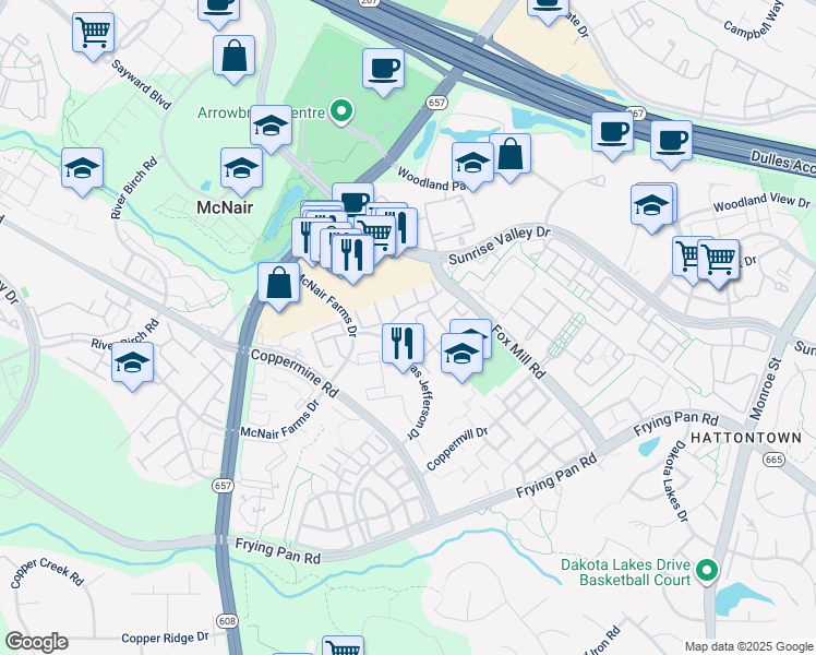 map of restaurants, bars, coffee shops, grocery stores, and more near 2451 Wheat Meadow Circle in Herndon