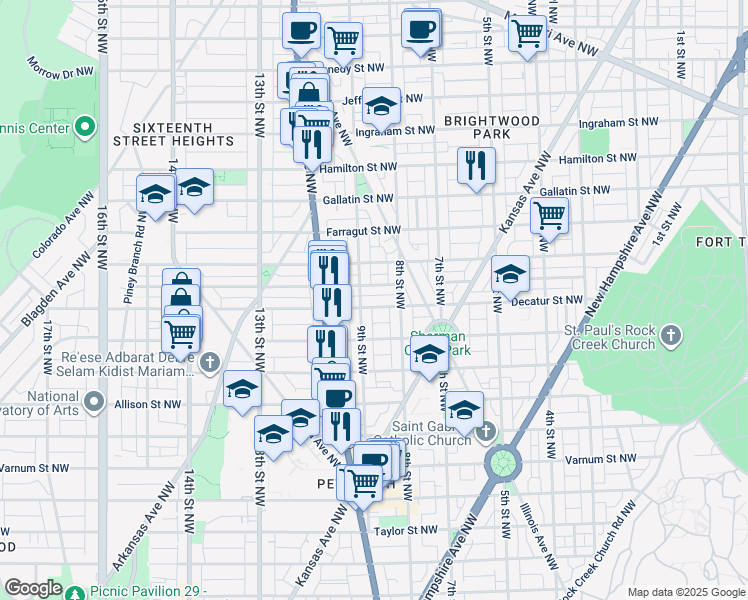 map of restaurants, bars, coffee shops, grocery stores, and more near 831 Decatur Street Northwest in Washington