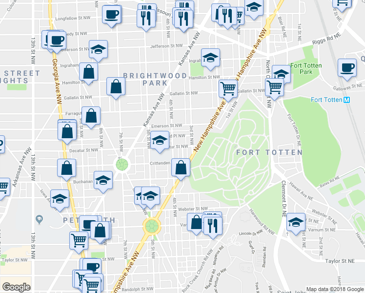 map of restaurants, bars, coffee shops, grocery stores, and more near Decatur Street Northwest & 3rd Place Northwest in Washington