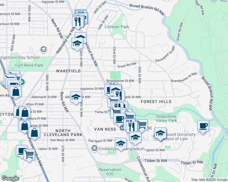 map of restaurants, bars, coffee shops, grocery stores, and more near 4501 Connecticut Avenue Northwest in Washington