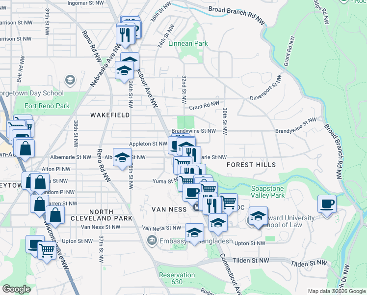 map of restaurants, bars, coffee shops, grocery stores, and more near 4501 Connecticut Avenue Northwest in Washington