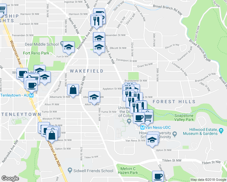 map of restaurants, bars, coffee shops, grocery stores, and more near 3548 Appleton Street Northwest in Washington