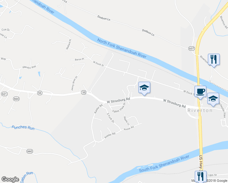 map of restaurants, bars, coffee shops, grocery stores, and more near 400 West Strasburg Road in Front Royal