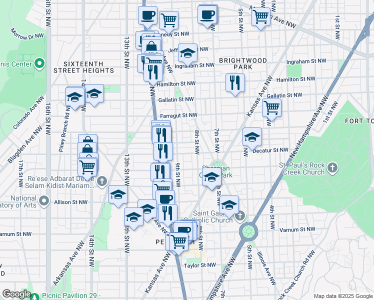 map of restaurants, bars, coffee shops, grocery stores, and more near 823 Decatur Street Northwest in Washington