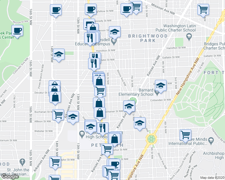 map of restaurants, bars, coffee shops, grocery stores, and more near 831 Decatur Street Northwest in Washington
