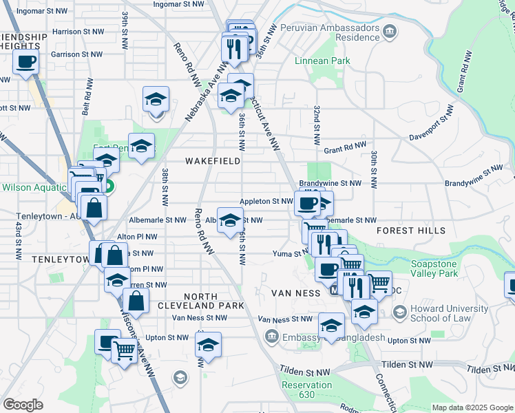 map of restaurants, bars, coffee shops, grocery stores, and more near 3568 Appleton Street Northwest in Washington