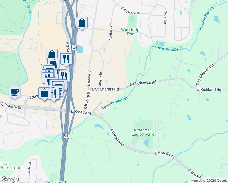 map of restaurants, bars, coffee shops, grocery stores, and more near 3409 East Saint Charles Road in Columbia