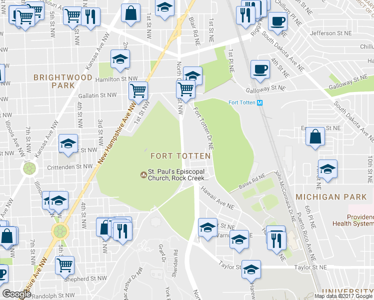 map of restaurants, bars, coffee shops, grocery stores, and more near 4711 North Capitol Street Northeast in Washington
