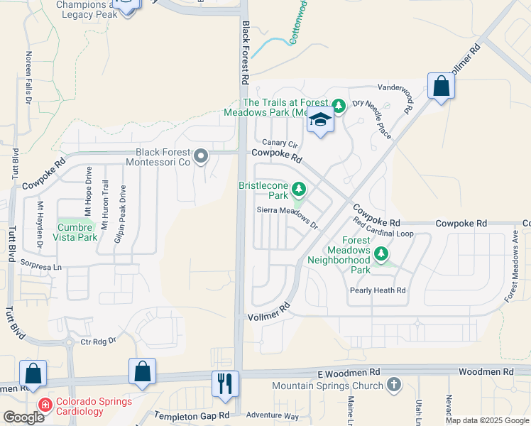 map of restaurants, bars, coffee shops, grocery stores, and more near 7894 Springwood Terrace in Colorado Springs