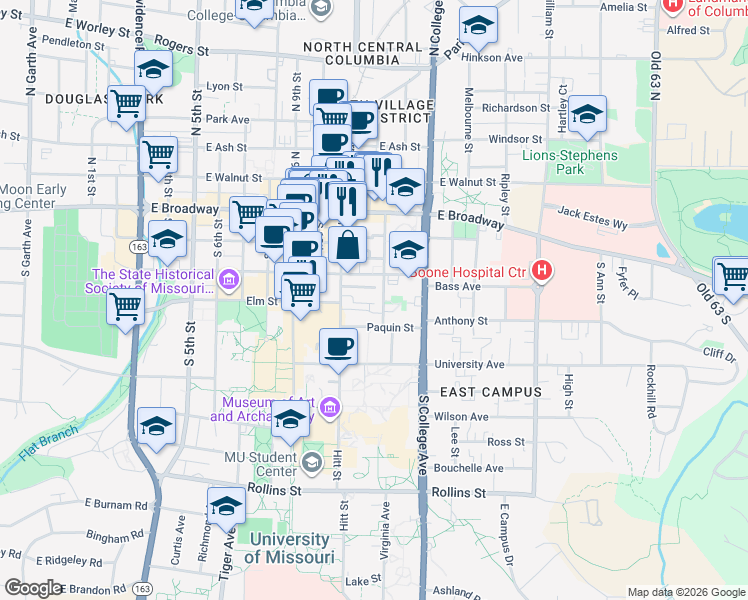 map of restaurants, bars, coffee shops, grocery stores, and more near 211 Waugh Street in Columbia