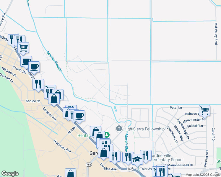 map of restaurants, bars, coffee shops, grocery stores, and more near 1243 Ox Yoke Court in Gardnerville