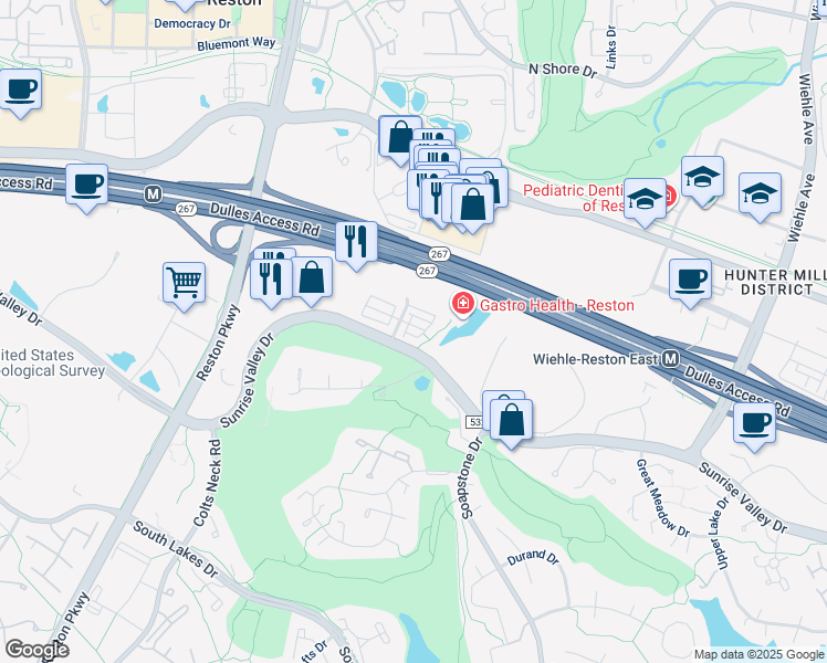 map of restaurants, bars, coffee shops, grocery stores, and more near 11689 Sunrise Square Place in Reston