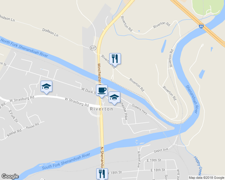 map of restaurants, bars, coffee shops, grocery stores, and more near 1408 Old Winchester Pike in Front Royal