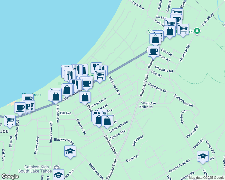 map of restaurants, bars, coffee shops, grocery stores, and more near 3737 Paradise Avenue in South Lake Tahoe