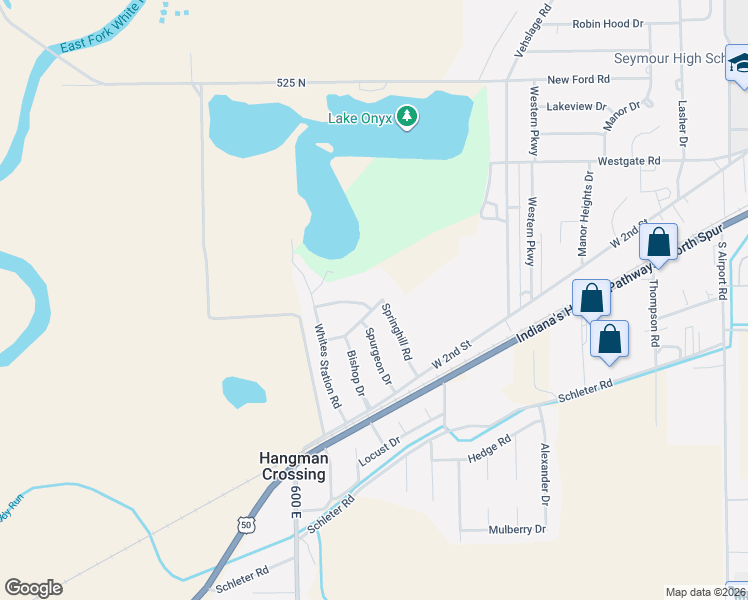 map of restaurants, bars, coffee shops, grocery stores, and more near 2050 Thomas Drive in Seymour