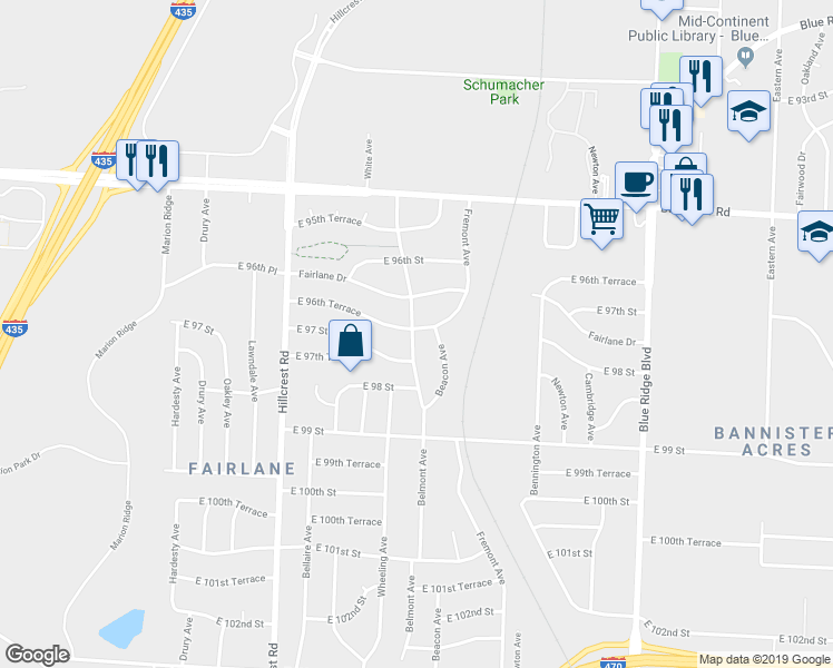 map of restaurants, bars, coffee shops, grocery stores, and more near 6202 East 96th Terrace in Kansas City